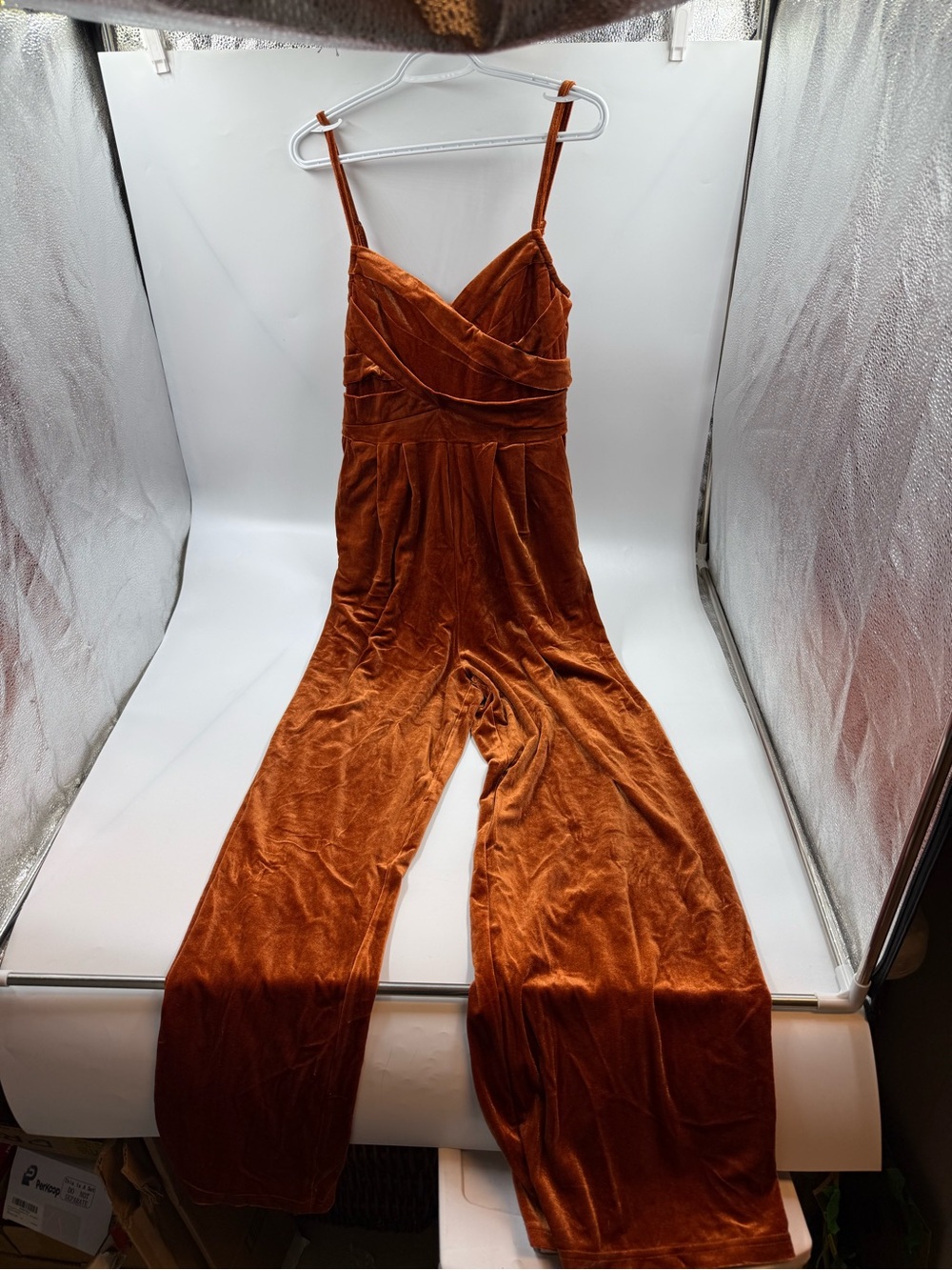 Cider rust orange velvet cross wide leg jumpsuit v-nevk size lg new!
